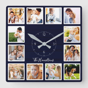 Relógio Quadrado Colagem de 12 Fotos Família Madeira Azul Escuro