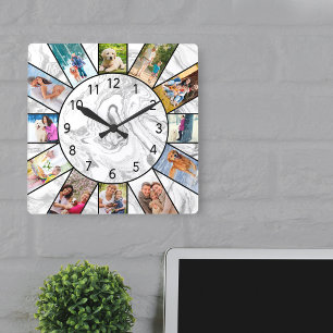 Relógio Quadrado Colagem de 12 Fotos Personalizadas Cinza Mármore B