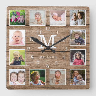 Relógio Quadrado Colagem de 12 Fotos Personalizadas com Nome da Fam