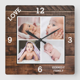 Relógio Quadrado Colagem de 4 Fotos Personalizada com Nome da Famíl