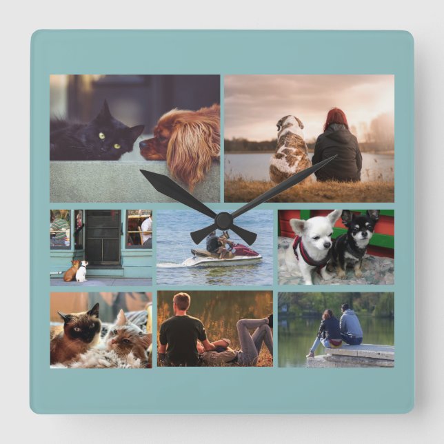 Relógio Quadrado Colagem de casais personalizados| 8 tan azul (Frente)