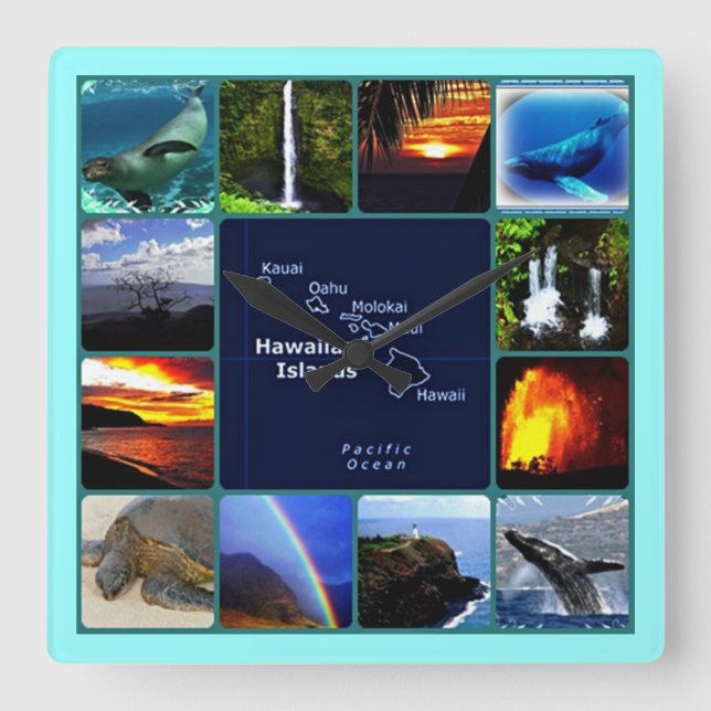 Relógio Quadrado Colagem de cenas do Havaí (Frente)