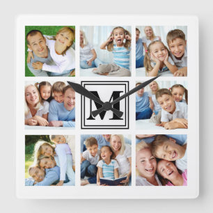 Relógio Quadrado Colagem de Família em Grid de 8 Fotos Preto e Bran
