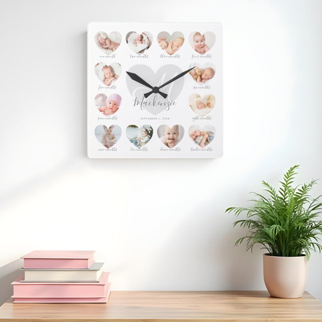 Relógio Quadrado Colagem de Foto Cardíaca do Primeiro Ano do Bebê (Baby's First Year Heart Photo Keepsake Collage Square Wall Clock)