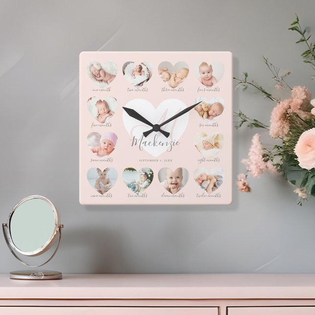 Relógio Quadrado Colagem de Foto Cardíaca do Primeiro Ano do Bebê (Baby's First Year Heart Photo Keepsake Collage Square Wall Clock)