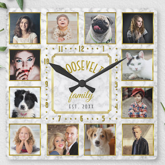 Relógio Quadrado Colagem de Fotografias da Família 12 Personalizada