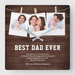 Relógio Quadrado Colagem de Fotografias do Melhor Pai de Madeira Ru