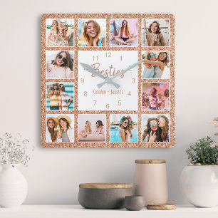 Relógio Quadrado Colagem de Fotografias Personalizada Besties Rosa