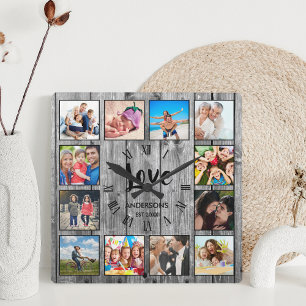 Relógio Quadrado Colagem de Fotografias Personalizada Farmhouse Rus