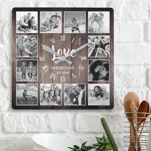 Relógio Quadrado Colagem de Fotografias Personalizada Farmhouse Rus (Criador carregado)