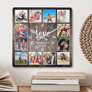 Relógio Quadrado Colagem de Fotografias Personalizada Farmhouse Rus