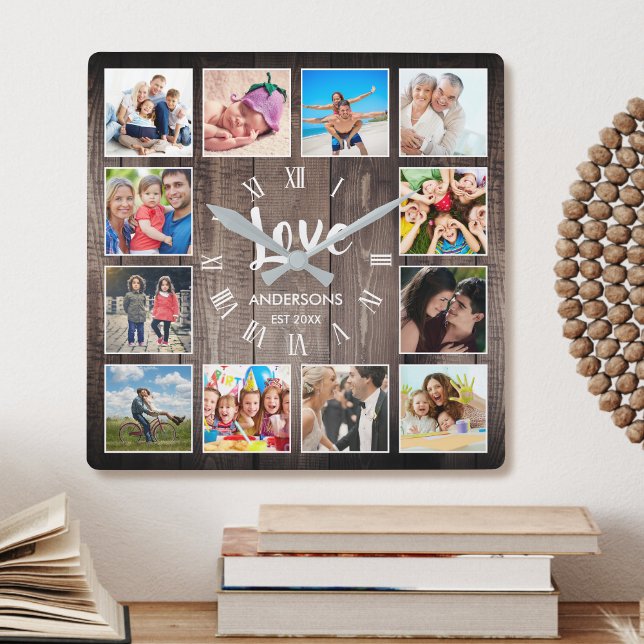 Relógio Quadrado Colagem de Fotografias Personalizada Farmhouse Rus (Criador carregado)