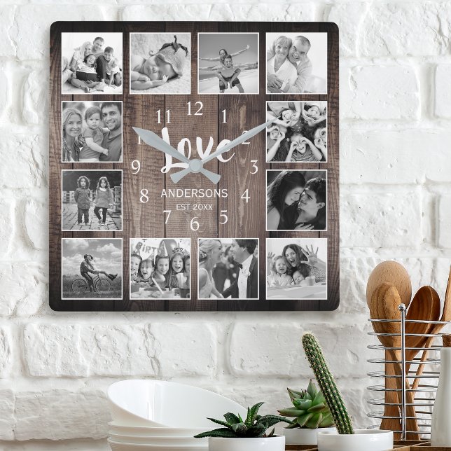 Relógio Quadrado Colagem de Fotografias Personalizada Farmhouse Rus (Criador carregado)