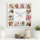 Relógio Quadrado Colagem de Fotografias Personalizadas Besties Dour<br><div class="desc">Torne esta tendência elegante,  branca e ouro,  relógio de colagem de fotos único com 12 das suas fotos favoritas com o(s) seu(s) melhor(s) amigo(s). O design também apresenta o moderno roteiro de "Besties" escrito à mão,  seus nomes e a data que você conheceu.</div>