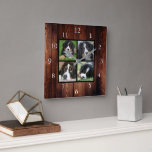 Relógio Quadrado Colagem de fotografias personalizadas da família e<br><div class="desc">Colagem de fotos da Família Personalizada no relógio de fundo do padrão de madeira do celeiro. Adicione suas próprias fotos pessoais para personalizar o relógio.</div>