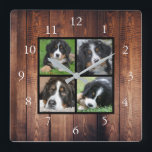 Relógio Quadrado Colagem de fotografias personalizadas da família r<br><div class="desc">Colagem de fotos da Família Personalizada no relógio de fundo da madeira rusticada. Adicione suas próprias fotos pessoais para personalizar o relógio. Não é necessário adicionar apenas fotos quadradas que outros tamanhos também irão ajustado. Se precisar de ajuda,  entre em contato comigo.</div>