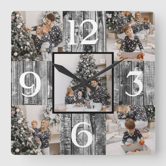 Relógio Quadrado Colagem de Fotografias Personalizadas Rustic Farmh (Frente)
