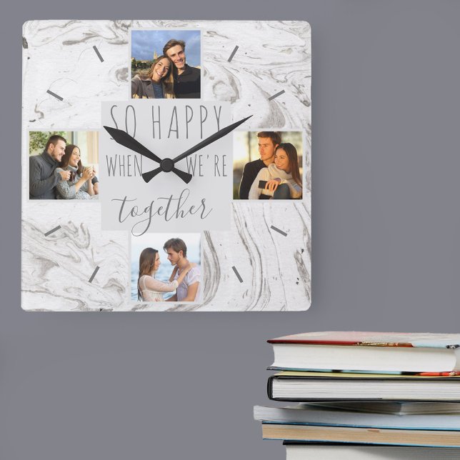 Relógio Quadrado Colagem de Fotos Chic Marble Feliz Juntos (Photo Clock for romantic couples, friends and family)