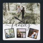 Relógio Quadrado Colagem de fotos da família 4 personalizada<br><div class="desc">Personalizado único personalizado por você - modelo de colagem de 4 fotos com detalhes tipográficos - relógio de parede temático da família de Ricaso</div>