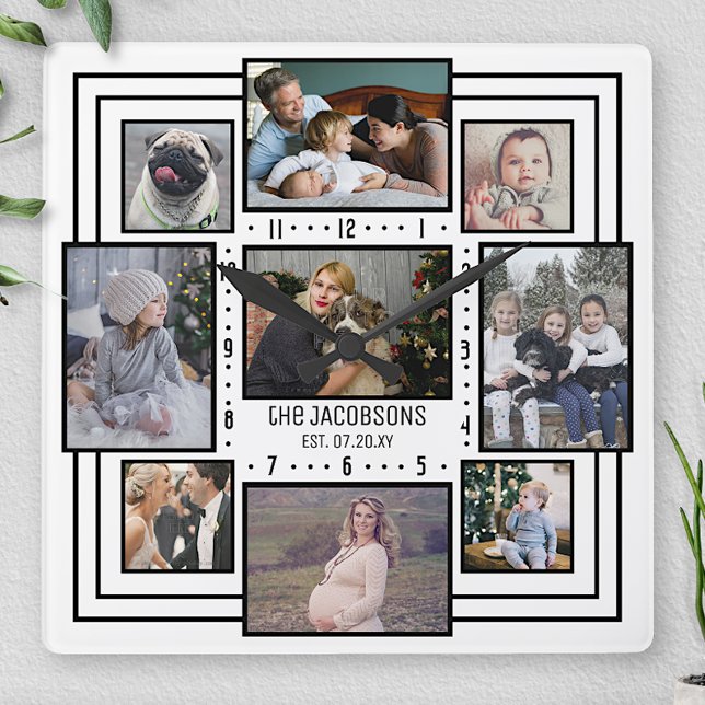Relógio Quadrado Colagem de Fotos da Família 9 Fotos Nome White Str (Criador carregado)