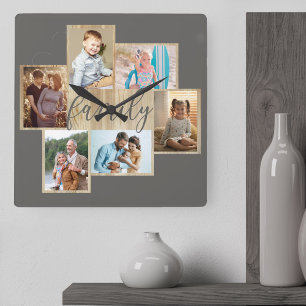Relógio Quadrado Colagem de Fotos da Família com Borda de Textura d
