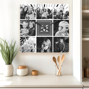 Relógio Quadrado Colagem de Fotos da Família com Monograma Cinza