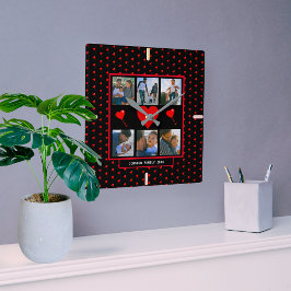 Relógio Quadrado Colagem de Fotos da Família Coração da Família Cor