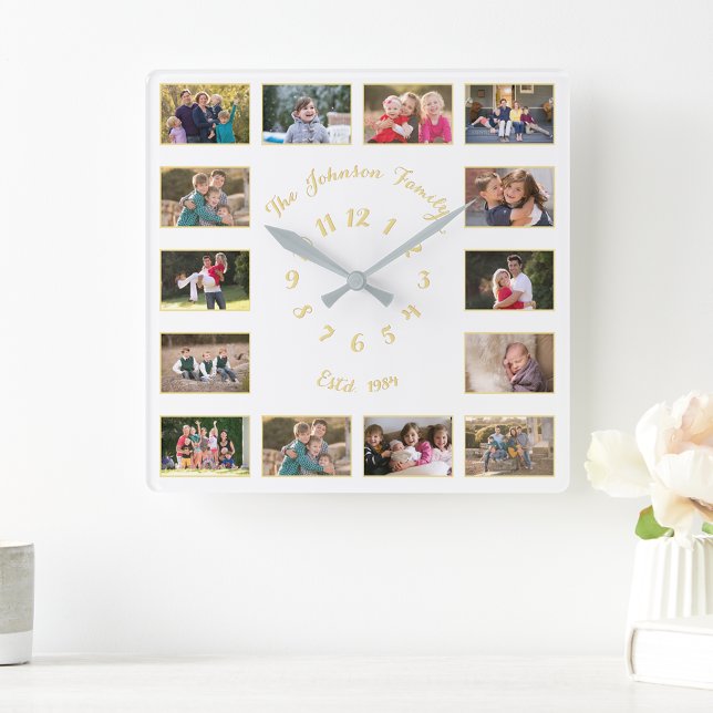 Relógio Quadrado Colagem de Fotos da Família em Branco Dourado Fals (Create Custom White Faux Gold Family Photo Collage Square Wall Clock)