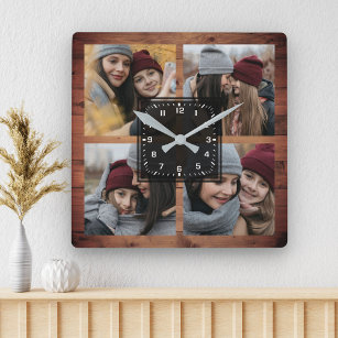 Relógio Quadrado Colagem de Fotos da Família Rustic Barn Wood 4 Pic