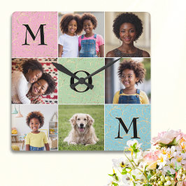 Relógio Quadrado Colagem de Fotos da Mamãe Dia das Mães Estiloso