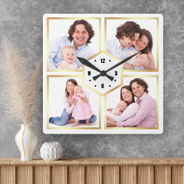 Relógio Quadrado Colagem de Fotos de Família com 4 Imagens em Branc
