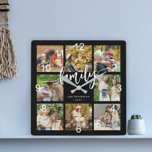Relógio Quadrado Colagem de fotos de família moderna em preto