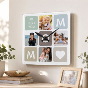 Relógio Quadrado Colagem de Fotos de MÃE Moderna Dia das MÃES Famíl