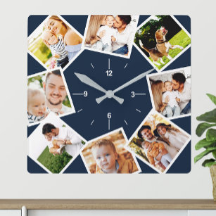 Relógio Quadrado Colagem de Fotos Familiares Azul E Branco