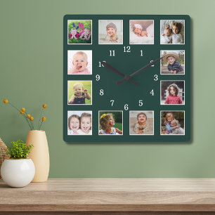 Relógio Quadrado Colagem de Fotos Minimalista 12 Família Verde Flor