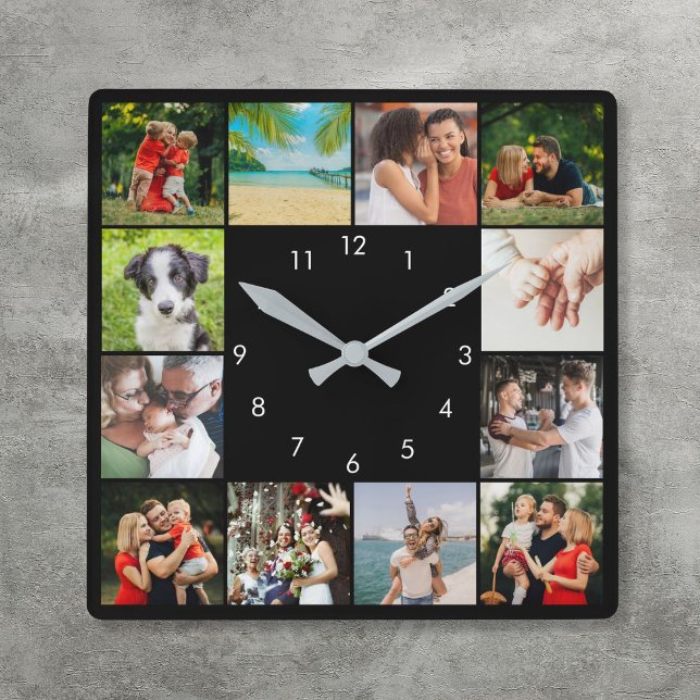 Relógio Quadrado Colagem de Fotos Personalizada 12 Família Preta (Personalized 12 Family Photo Collage Black Square Wall Clock)