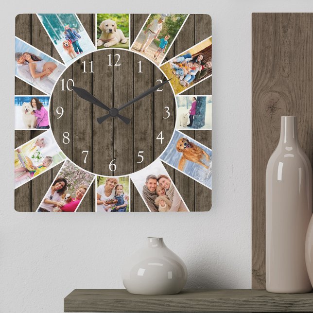 Relógio Quadrado Colagem de Fotos Personalizada 12 Madeira Escura R (Photo clock with 12 photos, one at each hour. Great design for your home or a thoughtful photo gift.)