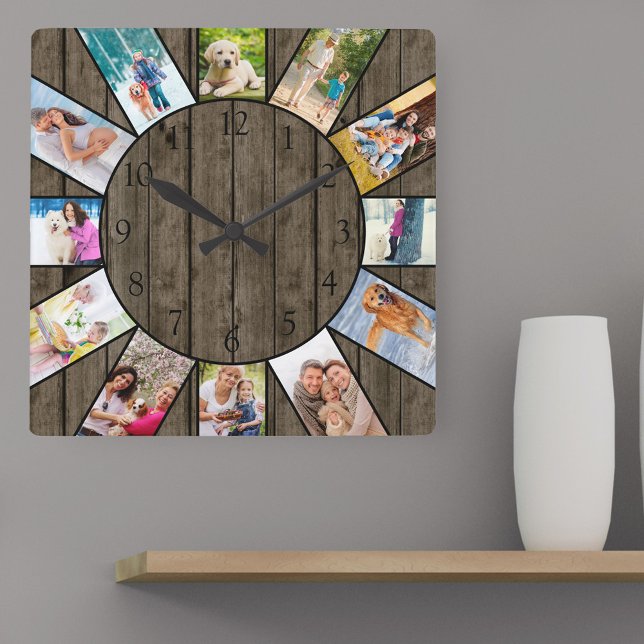 Relógio Quadrado Colagem de Fotos Personalizada 12 Madeira Escura R (Photo clock with 12 photos, one at each hour. Great design for your home or a thoughtful photo gift.)