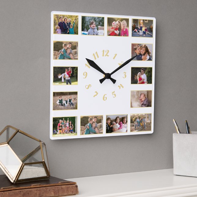 Relógio Quadrado Colagem de Fotos Personalizada 14 Aniversário de C (Custom 14 Photo Collage Wedding Anniversary Family Square Wall Clock)