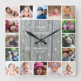 Relógio Quadrado Colagem de Fotos Personalizada 16 Madeira Cinza R