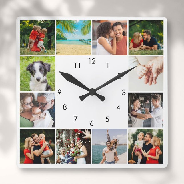 Relógio Quadrado Colagem de Fotos Personalizada da Família 12 (Personalized 12 Family Photo Collage Square Wall Clock)