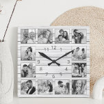 Relógio Quadrado Colagem de Fotos Personalizada da Família de Madei<br><div class="desc">Personalize facilmente este relógio elegante de estilos de parede branco da prancha de madeira com suas fotos personalizadas. O modelo usa um filtro de fotos preto e branco para criar uma aparência mais coordenada. Para obter os melhores resultados, recorte as imagens para o quadrado - com o ponto de foco...</div>