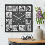 Relógio Quadrado Colagem de Fotos Personalizada da Família Elegante<br><div class="desc">Personalize facilmente este relógio elegante de estilos de prancha de madeira preta com suas fotos personalizadas. O modelo usa um filtro de fotos preto e branco para criar uma aparência mais coordenada. Para obter os melhores resultados, recorte as imagens para o quadrado - com o ponto de foco no centro...</div>
