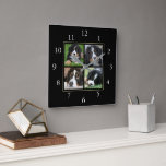 Relógio Quadrado Colagem de fotos personalizada da família negra mo<br><div class="desc">Colagem de fotos da família no relógio preto de fundo. Adicione suas próprias fotos pessoais para personalizar o relógio.</div>