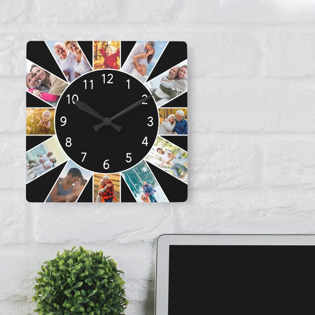 Relógio Quadrado Colagem de Fotos Personalizada da Família Preta (Brighten up your home or office with a stylsh photo clock in modern black and white)