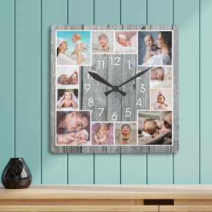 Relógio Quadrado Colagem de Fotos Personalizada de 12 Fotos em Made