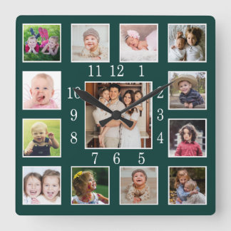 Relógio Quadrado Colagem de Fotos Personalizada Floresta Verde Escu