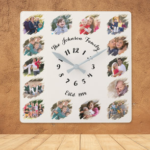 Relógio Quadrado Colagem de Fotos Personalizadas Família Cor Creme 