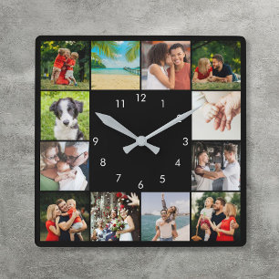 Relógio Quadrado Colagem de Fotos Pretas Personalizadas de 12 Fotos