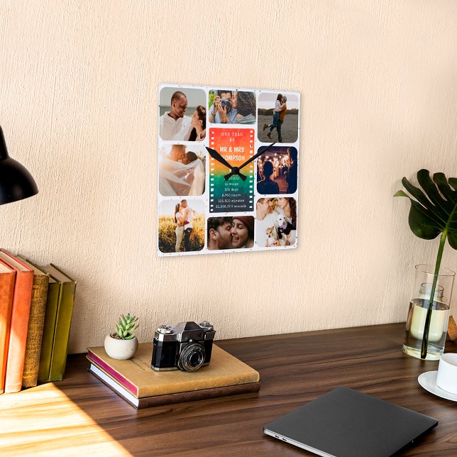 Relógio Quadrado Colagem de Fotos Sunset Sr. e Sra. 1rua Aniversári (Criador carregado)